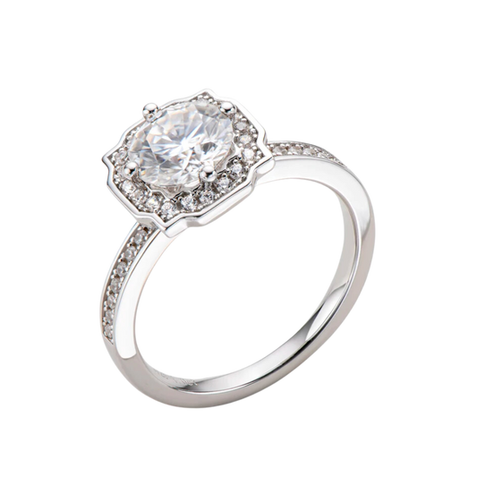 Exquisite Flower Petal 1 Carat Vintage Moissanite Ring: Effortlessly Elegant Silver with White Gold Plating - Stardust Diamonds