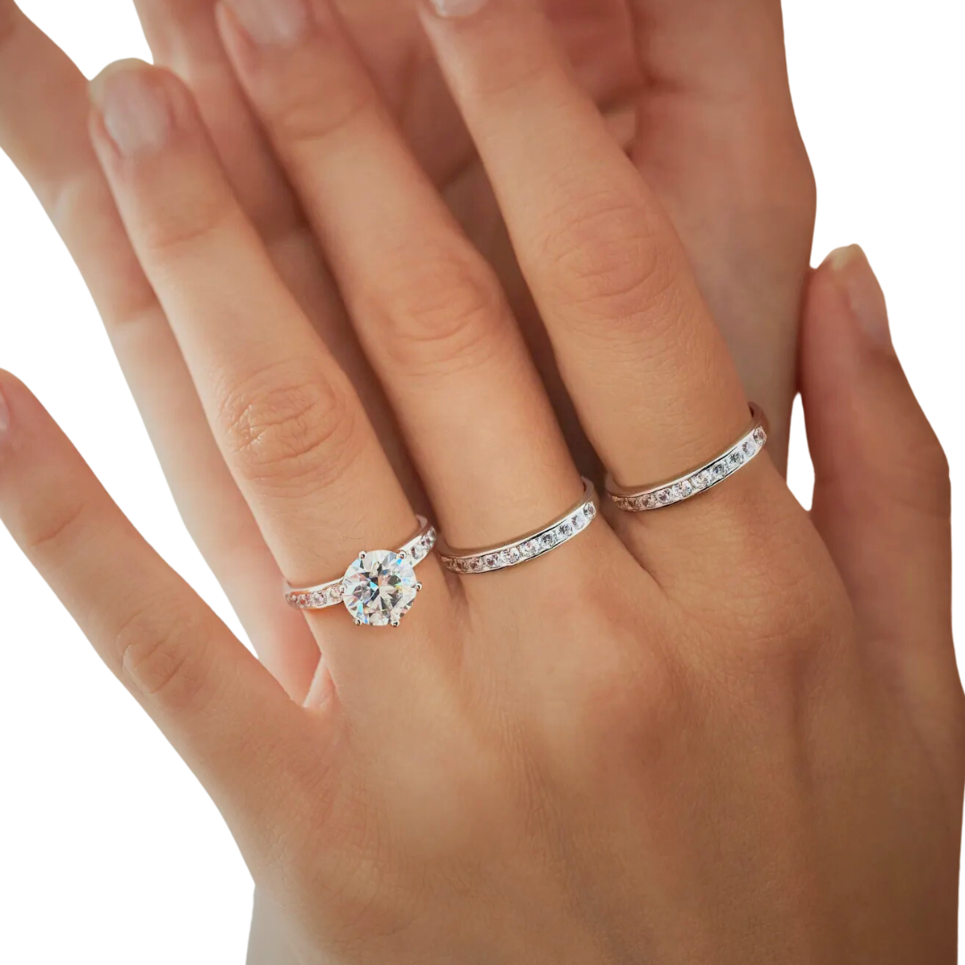 Stunning 3 Tier Stackable 2 Carat Main Stone Moissanite Ring Silver with White Gold Plating - Stardust Diamonds