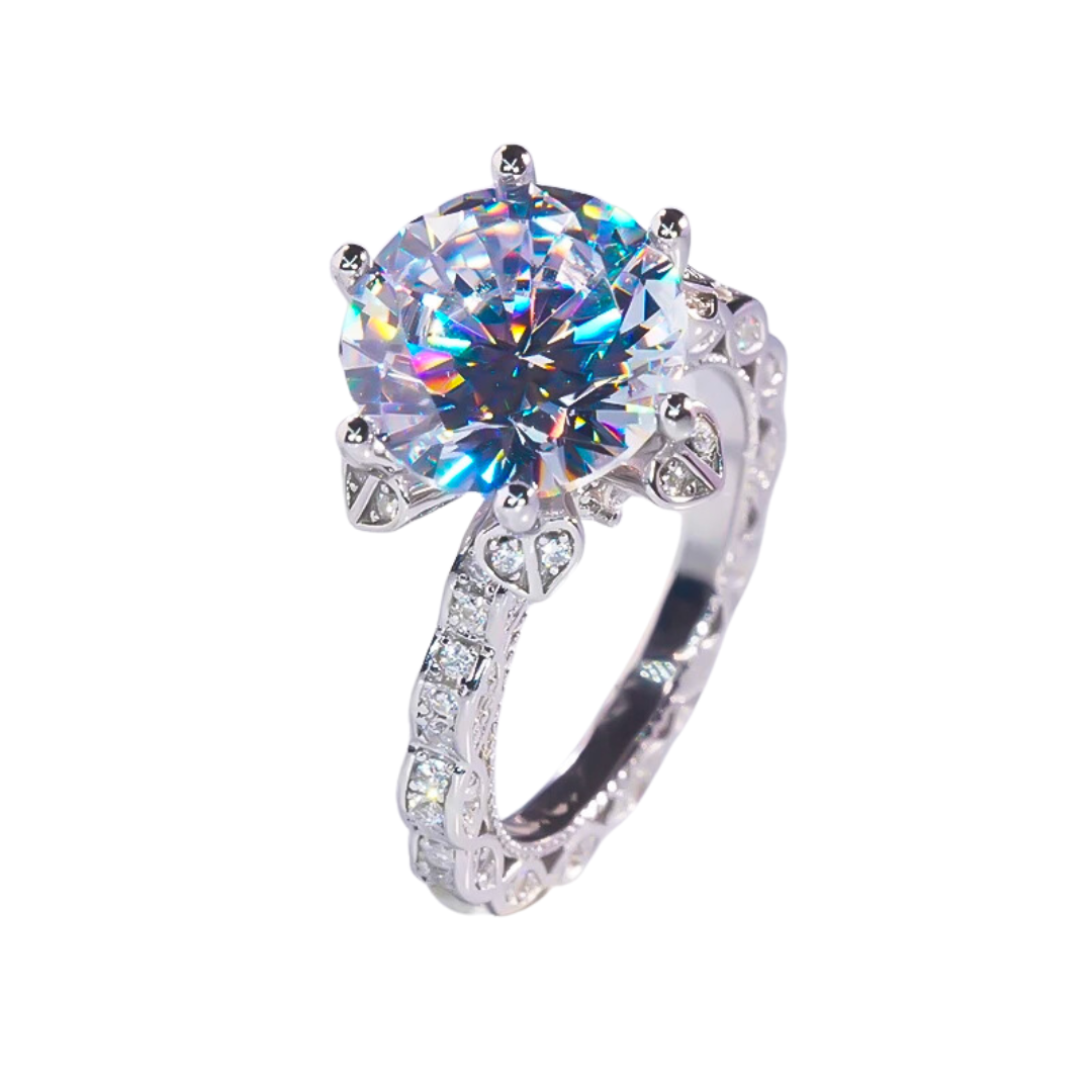 Dazzle in Luxury with a 5 Carat Moissanite Ring featuring Heart Accents - Sterling Silver with Platinum Plating - Stardust Diamonds