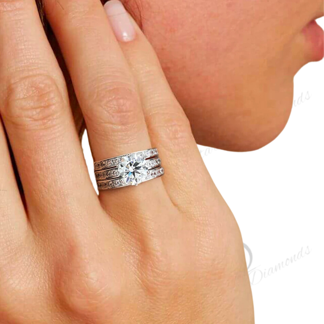 Stunning 3 Tier Stackable 2 Carat Main Stone Moissanite Ring Silver with White Gold Plating - Stardust Diamonds